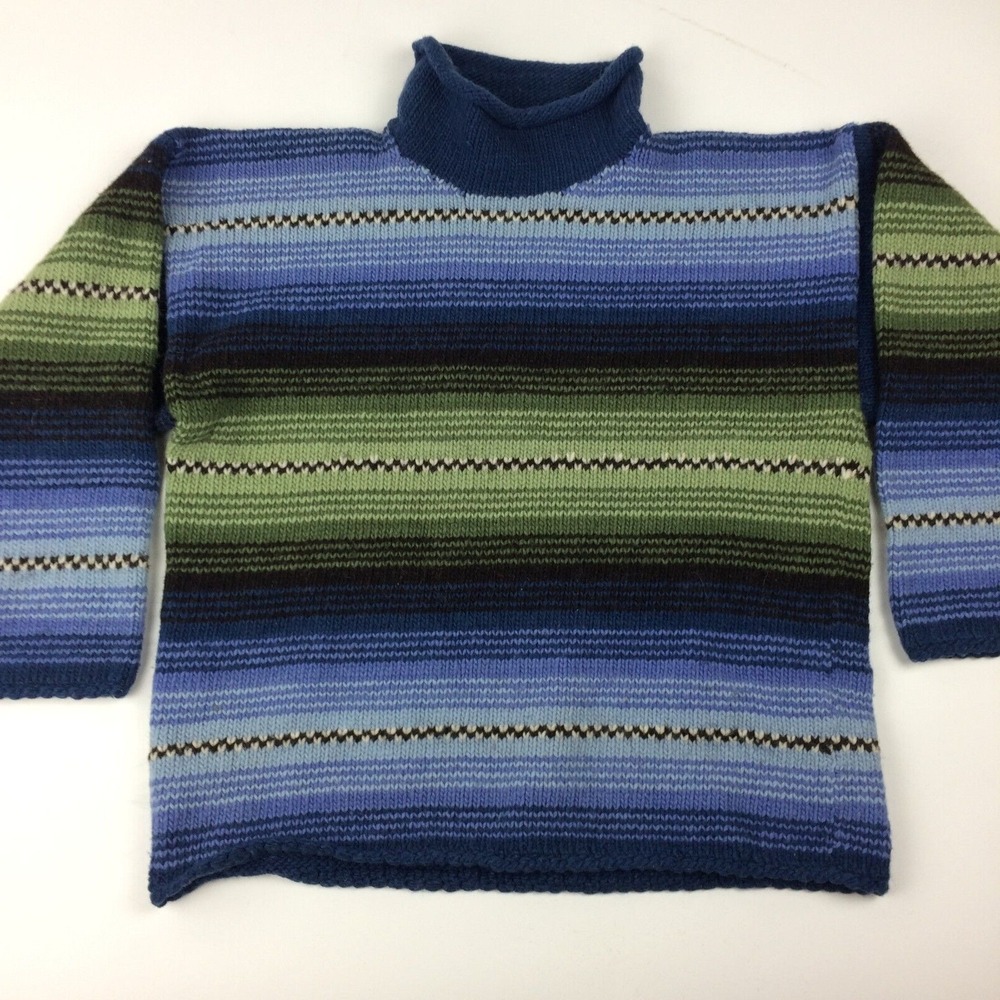 Artesanias Inca JR Wool Sweater Womens Medium Pullover Striped‎ Blue Green Peru
